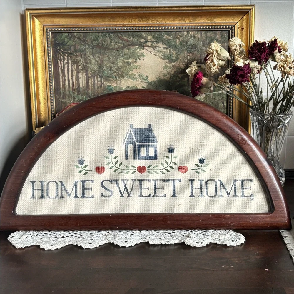 Vintage Cross-Stitch “Home Sweet Home” Arched Wooden Framed Kitchen/Entry Piece - Picture 1 of 14